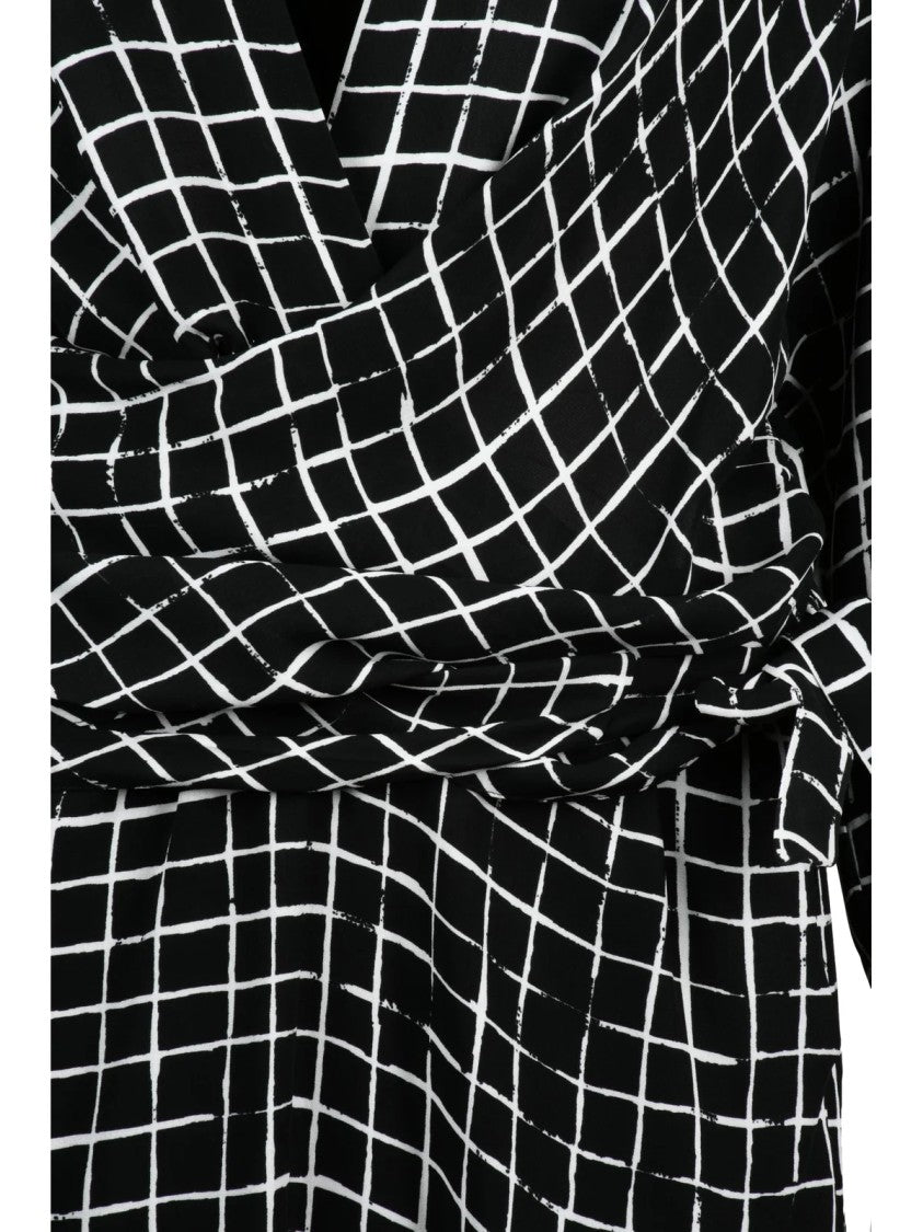 Dries Van Noten Black/White Belted Viscose Grid Print Midi Dress