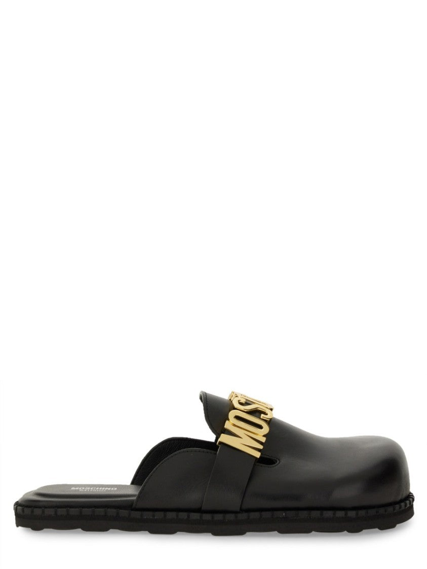 Moschino Black Leather Sandal With Logo Detail