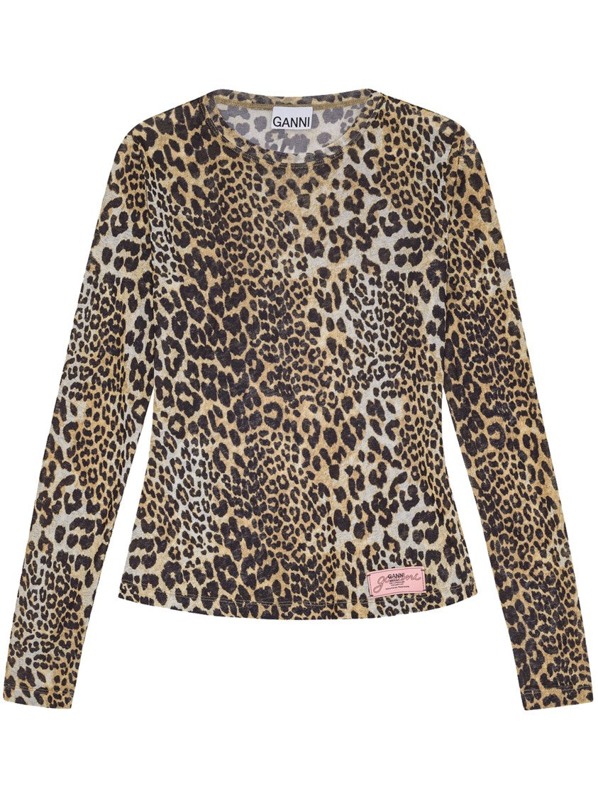Ganni Leopard Print Long Sleeve Top With Textured Finish