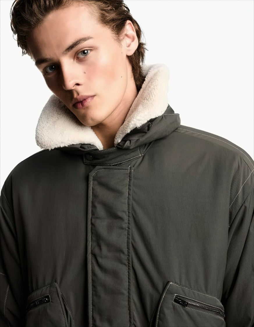 Emporio Armani Nylon Twill Bomber Jacket With Shearling-Effect Collar