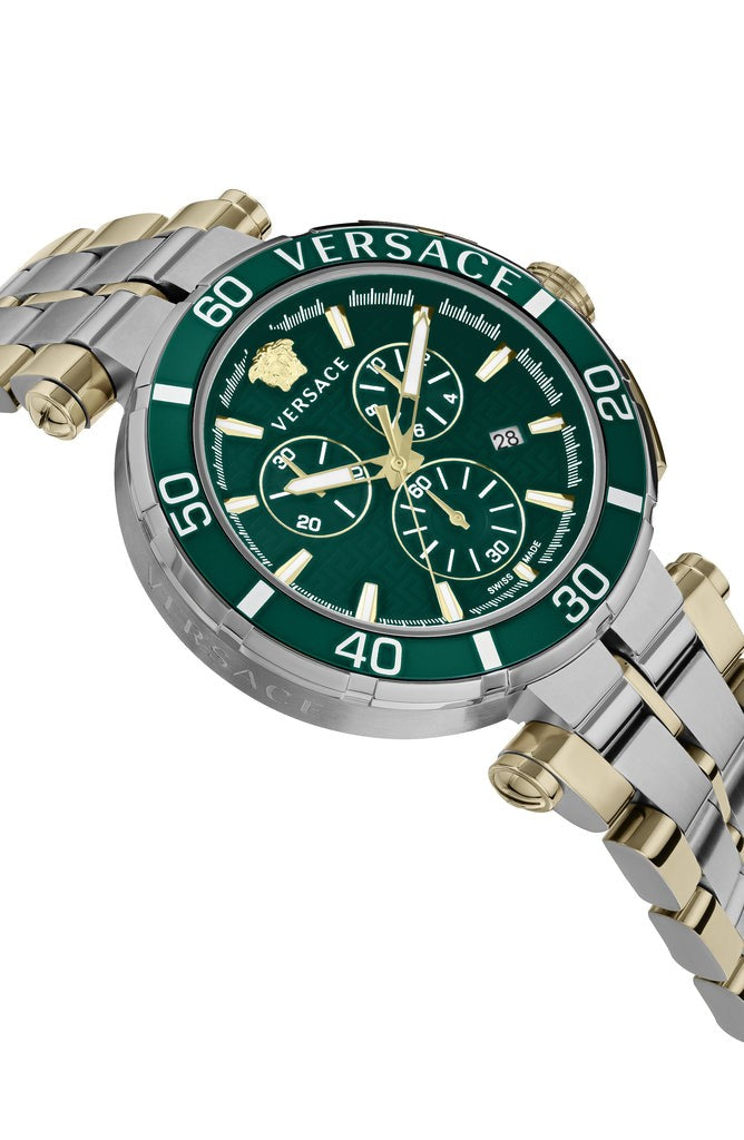 Versace Greca Chrono 45Mm Men's Green Dial Two-Tone Quartz Chronograph Watch
