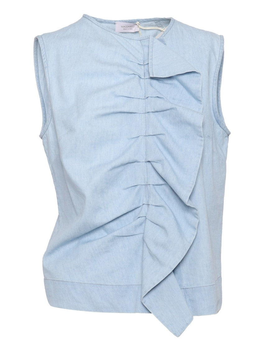 Mazzarelli Camicie Sleeveless Denim Blouse With Ruffle Detail