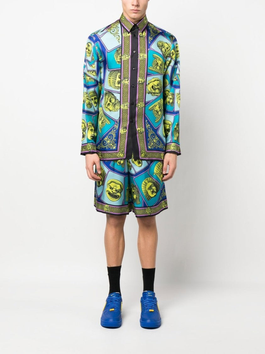 Versace Le Maschere Print Silk Shorts