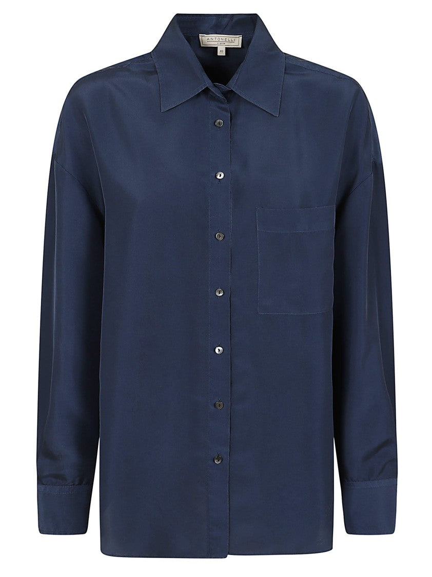 Antonelli Firenze Navy Blue Silk Limone Shirt With Classic Collar