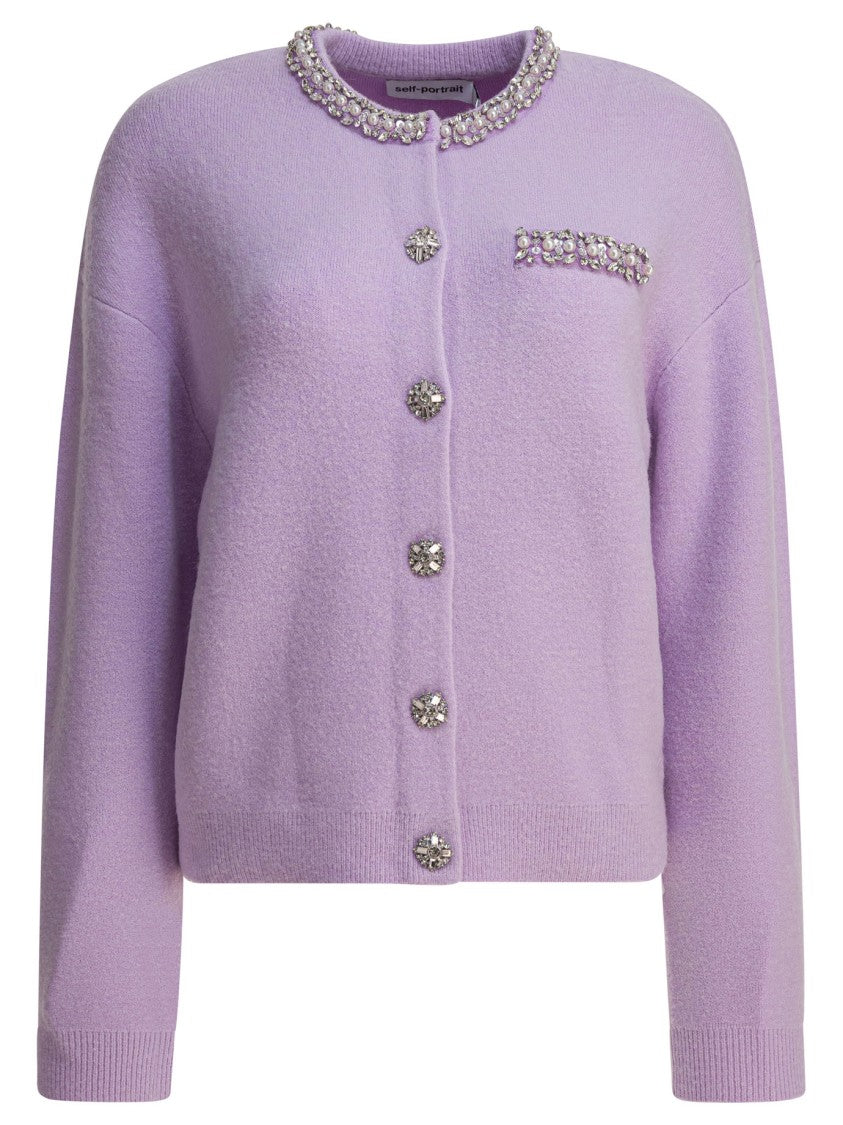 Self-Portrait Lilac Crystal-Trim Cardigan With Round Neckline