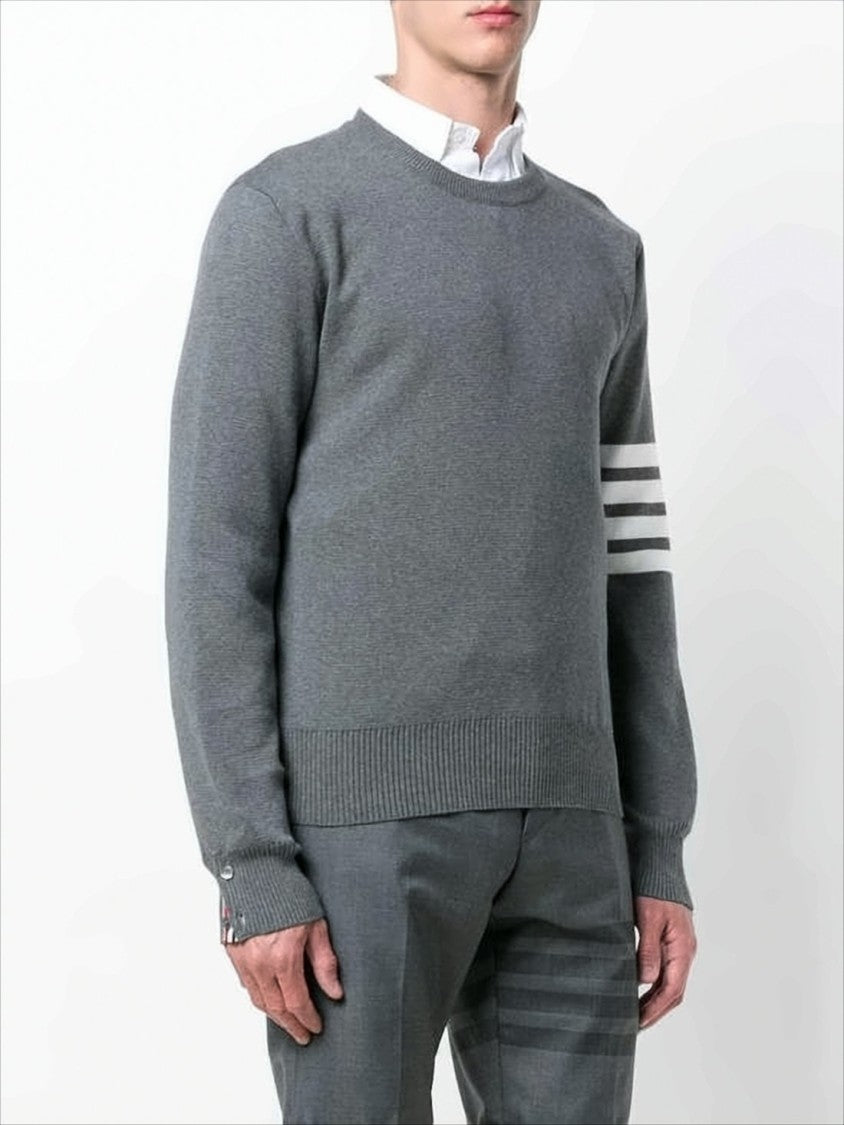 Thom Browne Crew Neck Sweater With Ribbon Accents And Stripe Detail