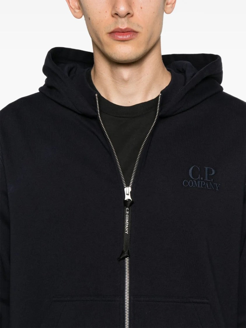 C.P. Company Navy Blue Zip-Up Hoodie With Drawstring Hood And Logo
