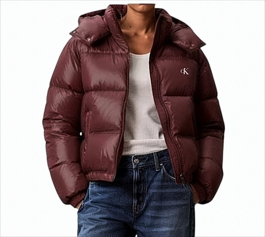 Calvin Klein Shiny Quilted Cropped Coat With Detachable Hood