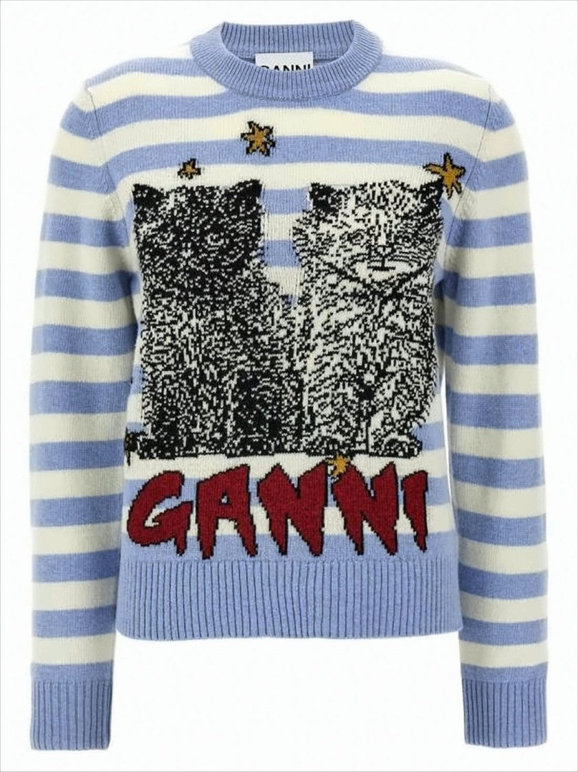 Ganni Horizontal Striped Knit Sweater With Playful Cat Graphic