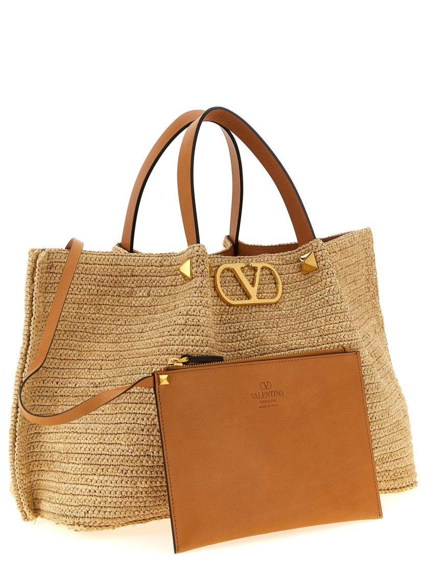 Valentino Garavani Medium Woven Raffia Shopping Bag With Leather Accents