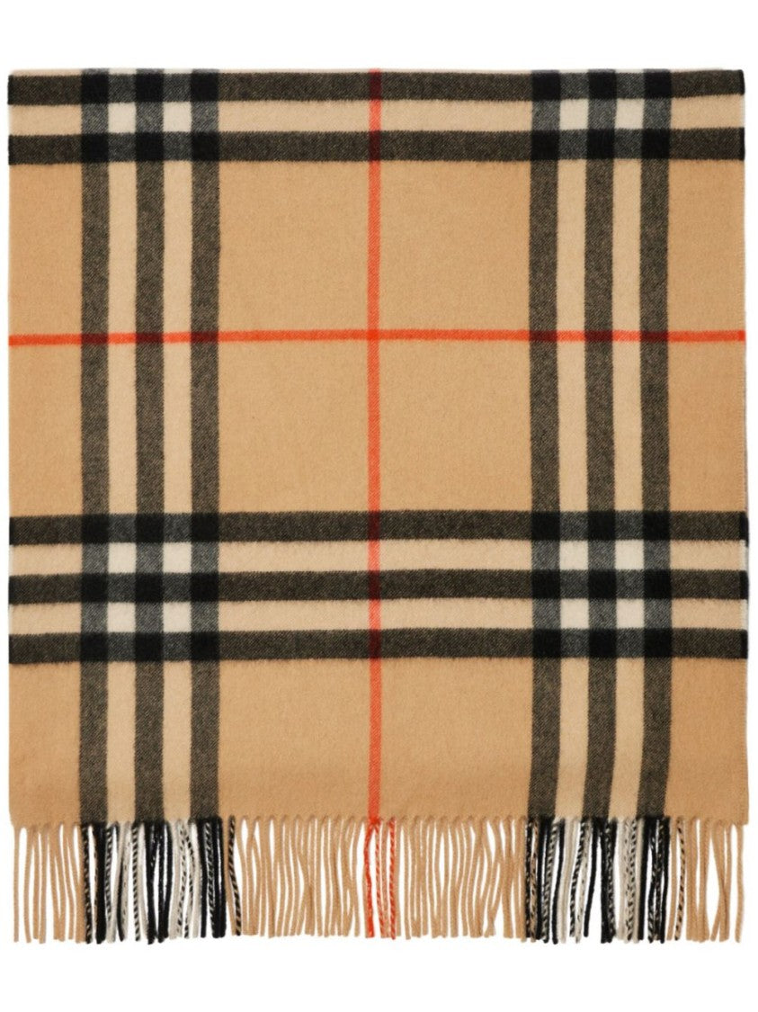 Burberry Check Pattern Cashmere Scarf With Fringed Edges