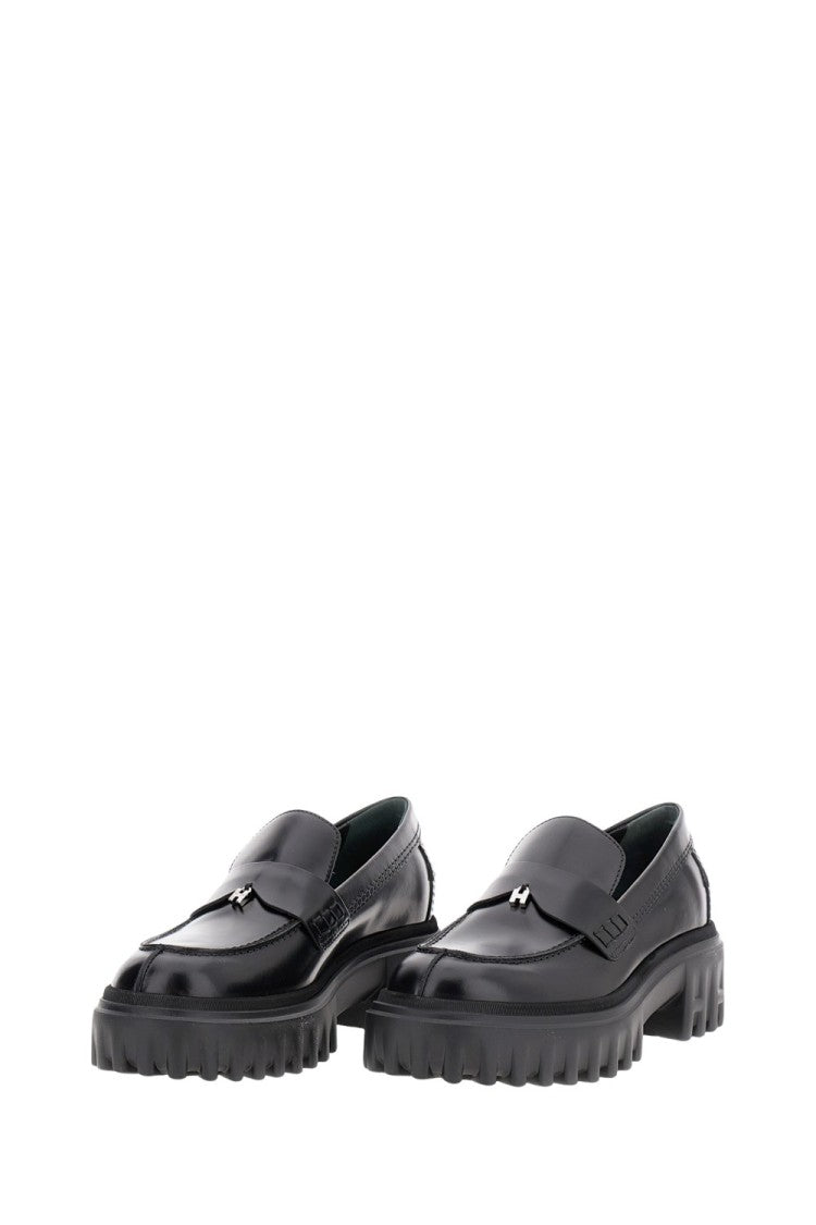 Hogan Classic Black Loafers With Metal 'H' Detail