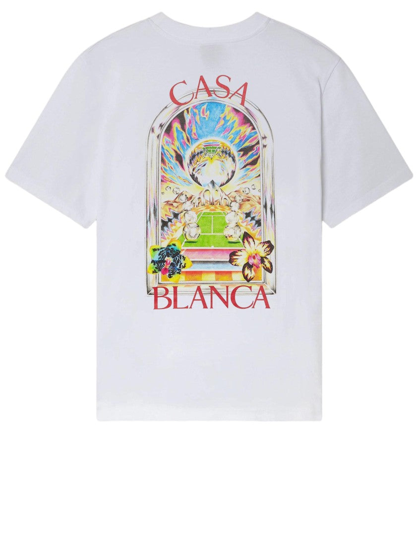 Casablanca Round Neck White Cotton T-Shirt With Vibrant Logo Prints