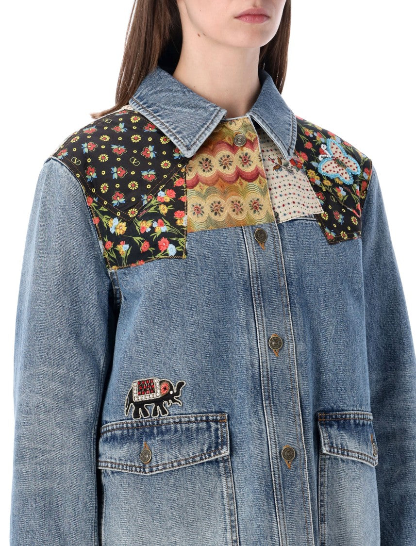 Valentino Garavani Patchwork Denim Jacket With Embroidered Floral And Graphic Motifs