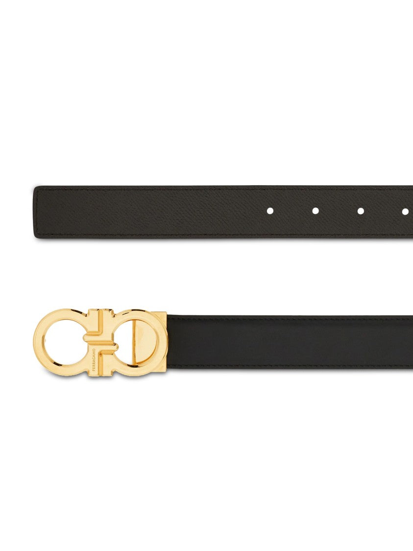 Ferragamo Narrow Black Calfskin Belt With Polished Gold-Tone Buckle