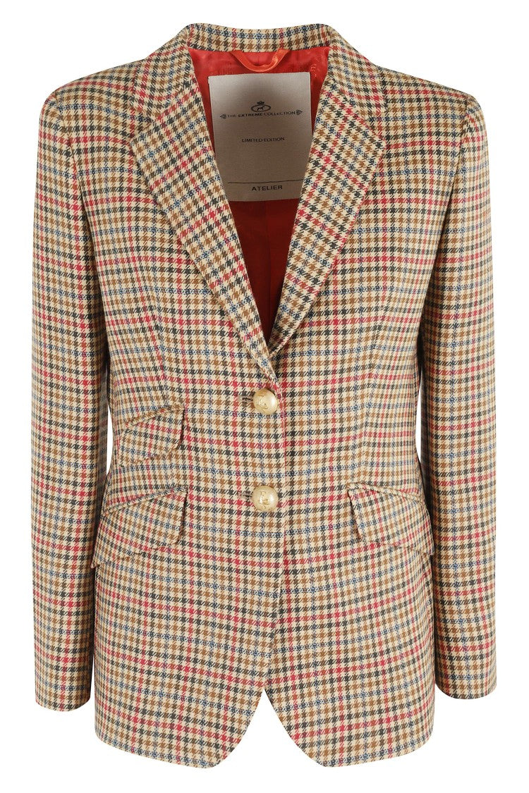 The Extreme Collection Check Pattern Beige And Maroon Mono-Breasted Blazer