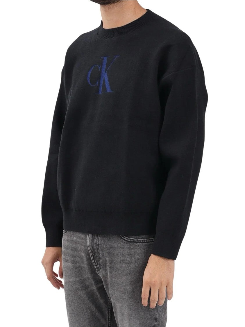 Calvin Klein Jeans Relaxed-Fit Black Knit Sweatshirt With Embroidered Logo