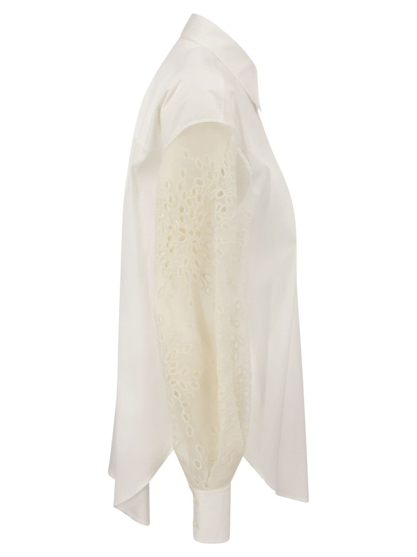 Brunello Cucinelli Stretch Cotton Poplin Shirt With Crispy Silk Broderie Anglaise Sleeve