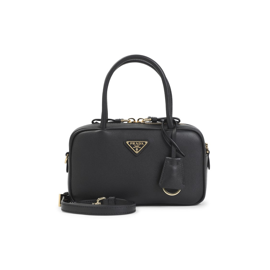 Prada Compact Black Calf Leather Handbag With Gold Accents