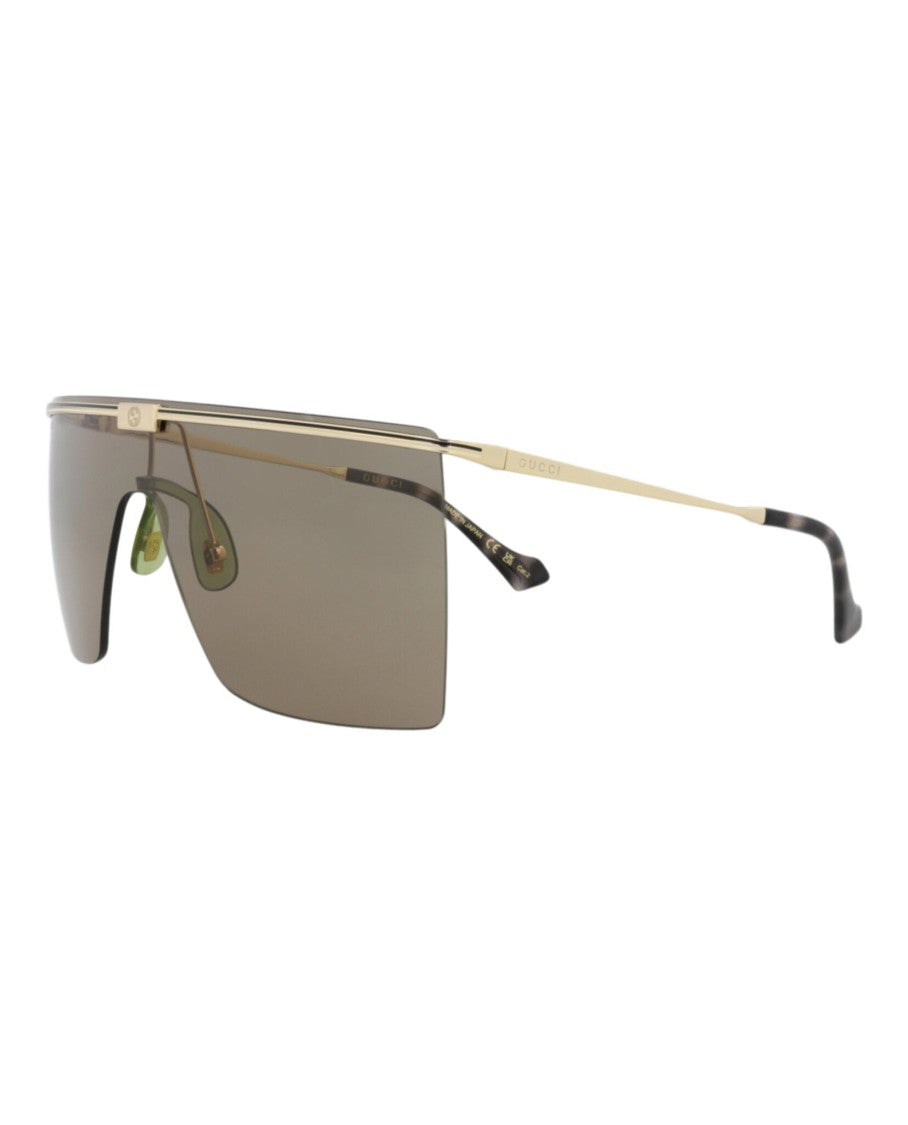 Gucci Shield-Frame Metal Sunglasses With Tortoiseshell Accents