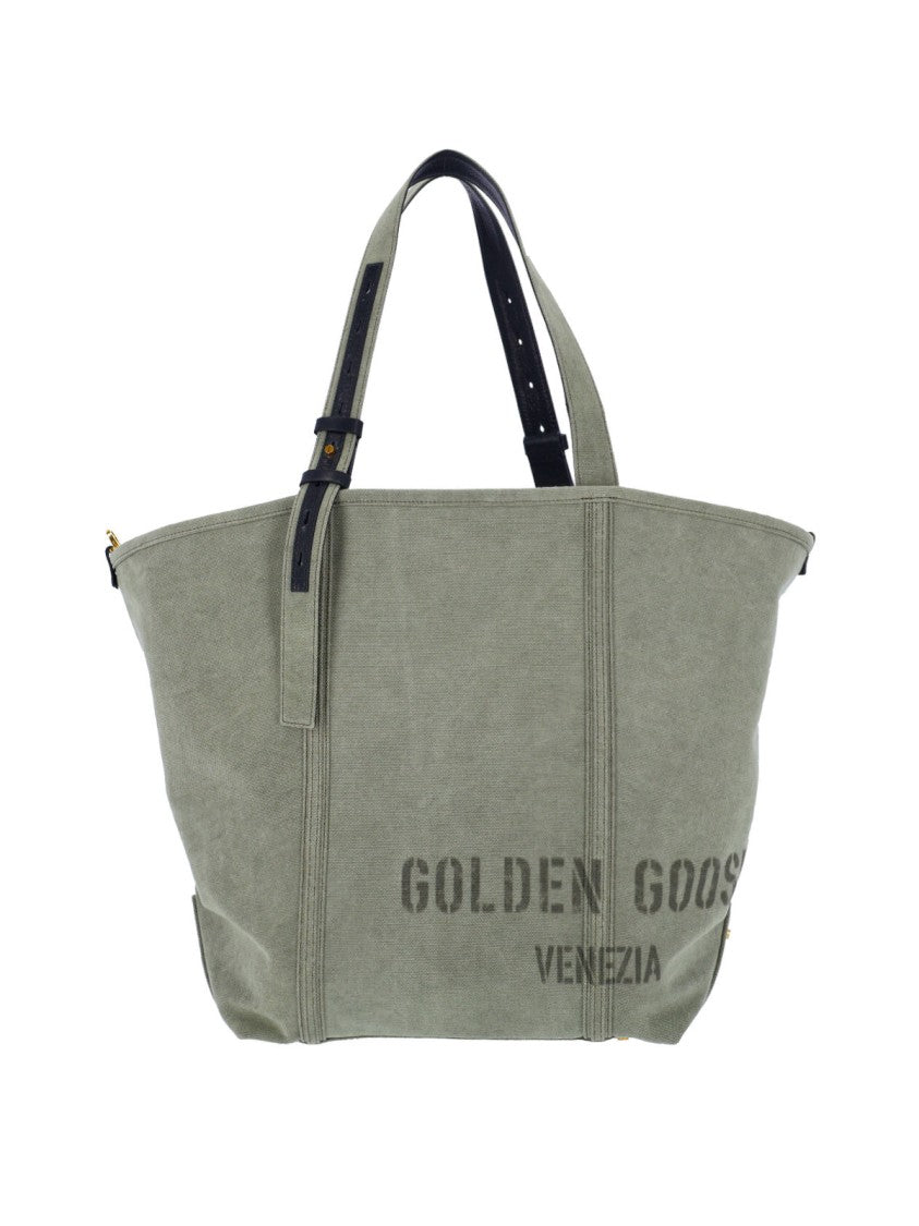Golden Goose Spacious Green Cotton Tote With Leather Accents