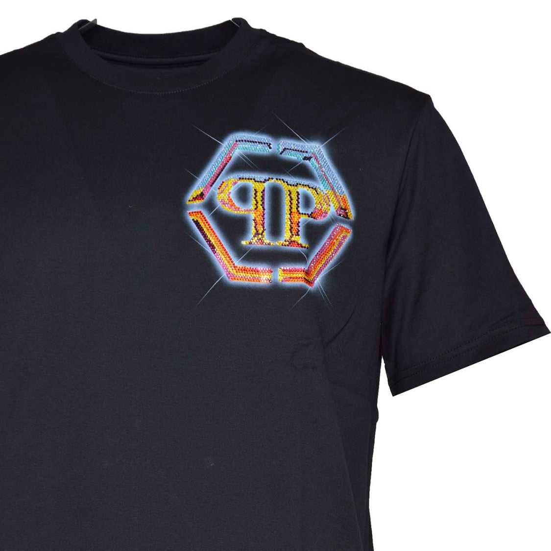 Philipp Plein Black Cotton Hexagon T-Shirt With Crystal Logo