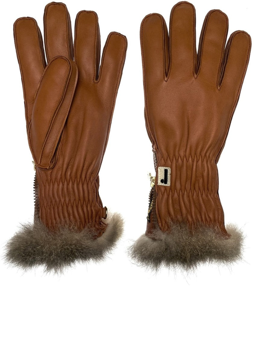 Restelli Brown Nappa Opossuy Fur-Trim Gloves