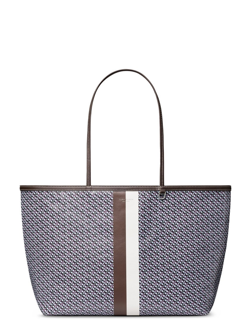 Tory Burch Textured Pattern Racer Tote With Contrasting Stripe Design