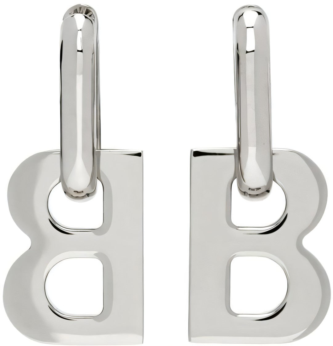 Balenciaga Oversized Silver 'B' Earrings With Hoop Attachment