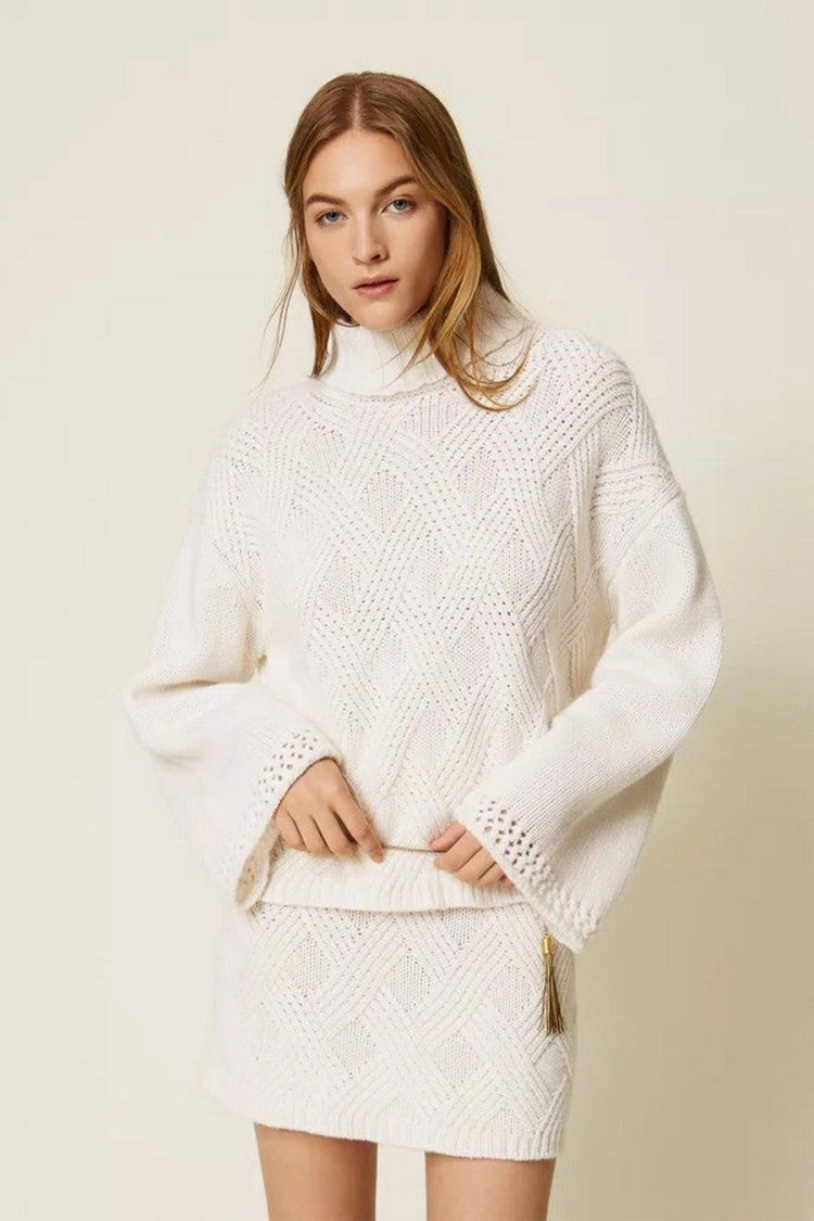 Twin-Set Cream Wide-Sleeve Roll-Neck Wool-Blend Sweater