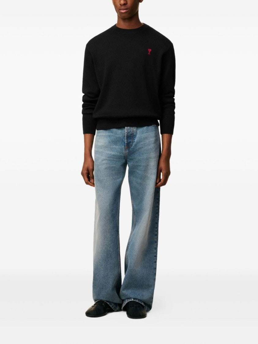 Ami Paris Silk And Nylon Knit Sweater With Heart Logo