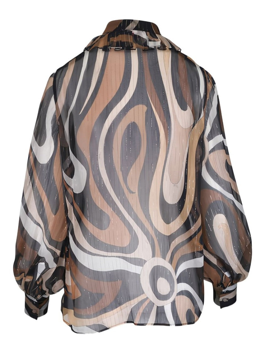 Pucci Flowing Semi-Sheer Blouse With Tie-Neck And Balloon Sleeves