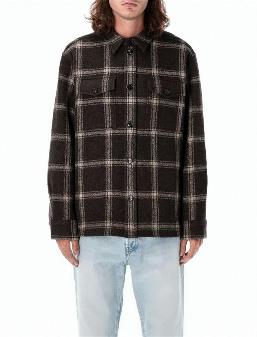 Ami Plaid Wool Blend Jacket With Structured Collar And Buttoned Front