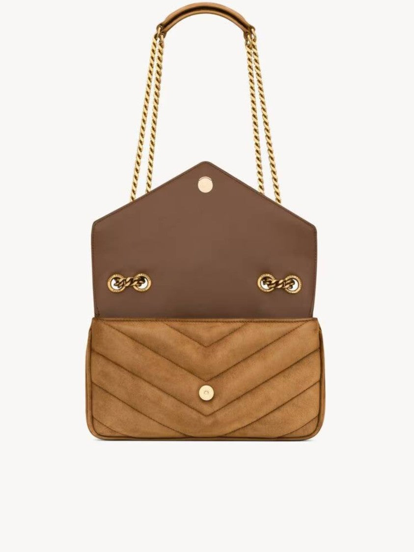 Saint Laurent Chevron Quilted Suede Shoulder Bag With Gold-Tone Chain Strap
