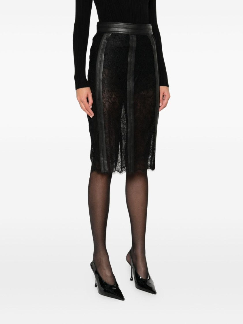 Elisabetta Franchi Sheer Lace Midi Skirt With Leather-Like Panels