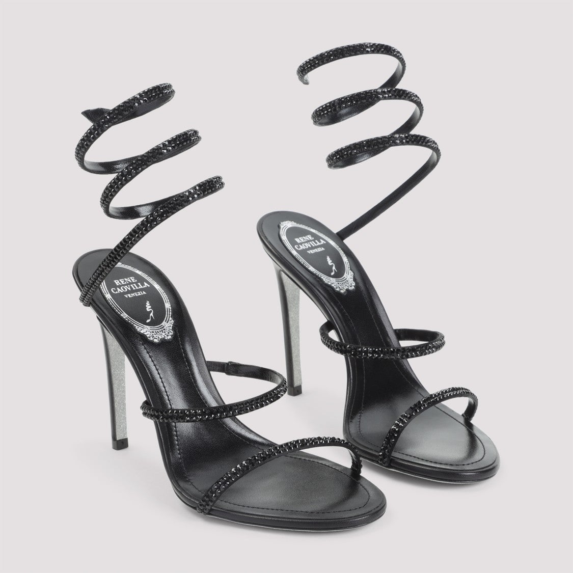 René Caovilla Black Satin Cleo Crystal Sandals