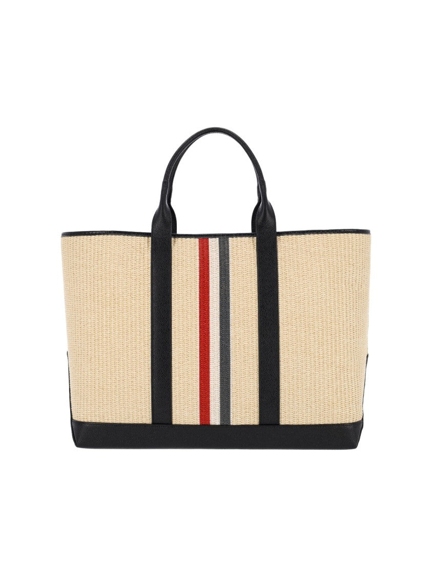 Thom Browne Rwb Beige Raffia Leather Trim Medium Tote Bag