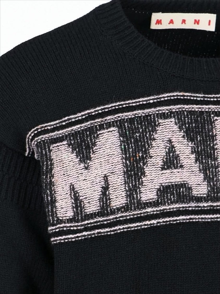 Marni Textured Logo Black Wool Sweater With Cropped Fit