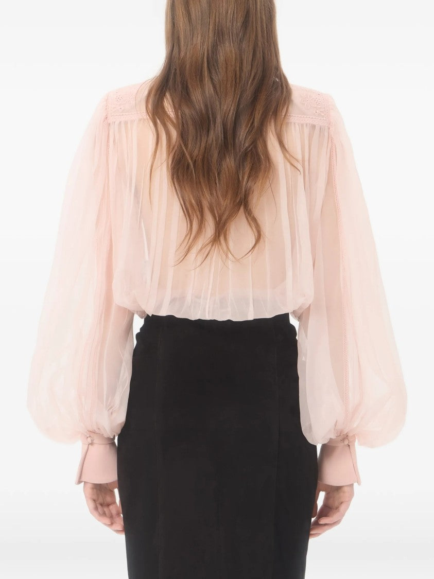 Valentino Neutral Sheer Velvet Floral Applique Blouse