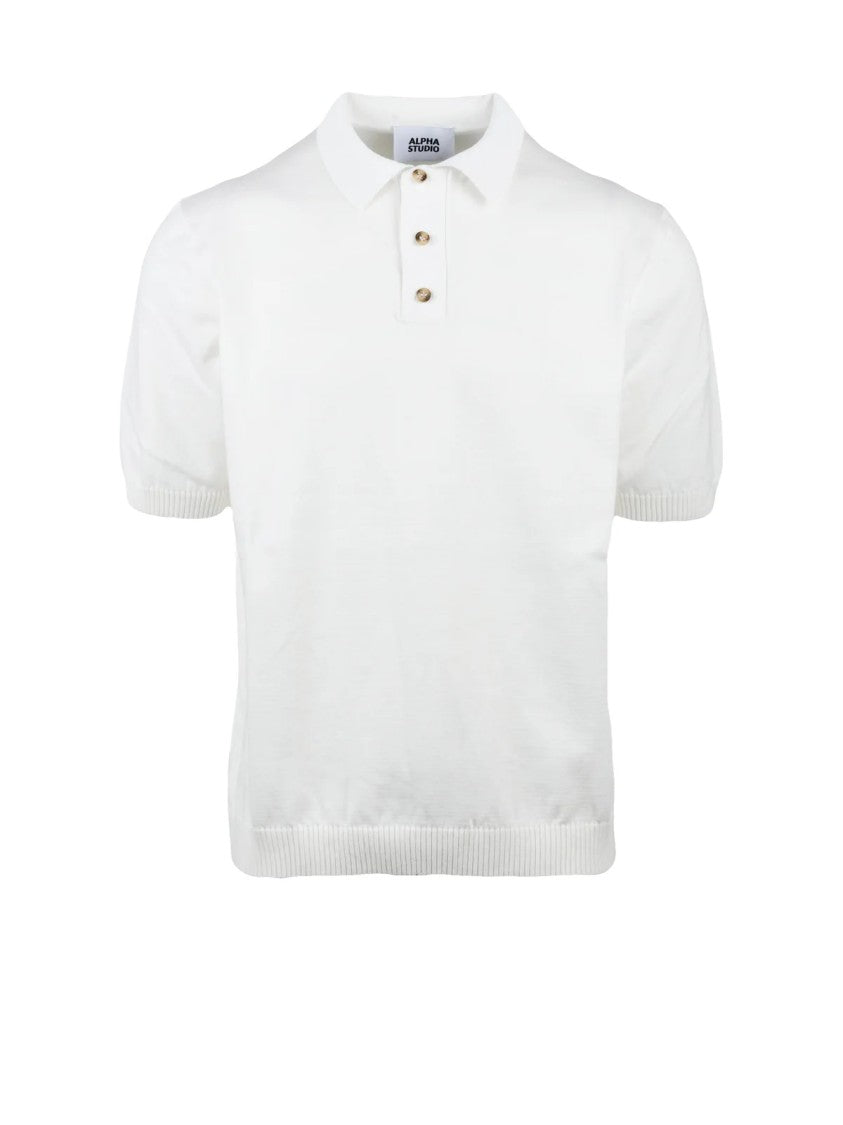 Alpha Studio White Cotton Polyurethane Knit Polo Shirt