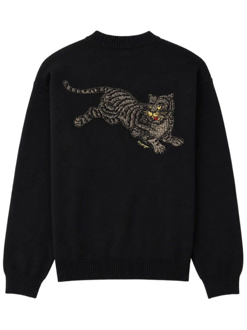 Kenzo V-Neck Cardigan With Bold Tiger Patch And Ribbed Cuffs