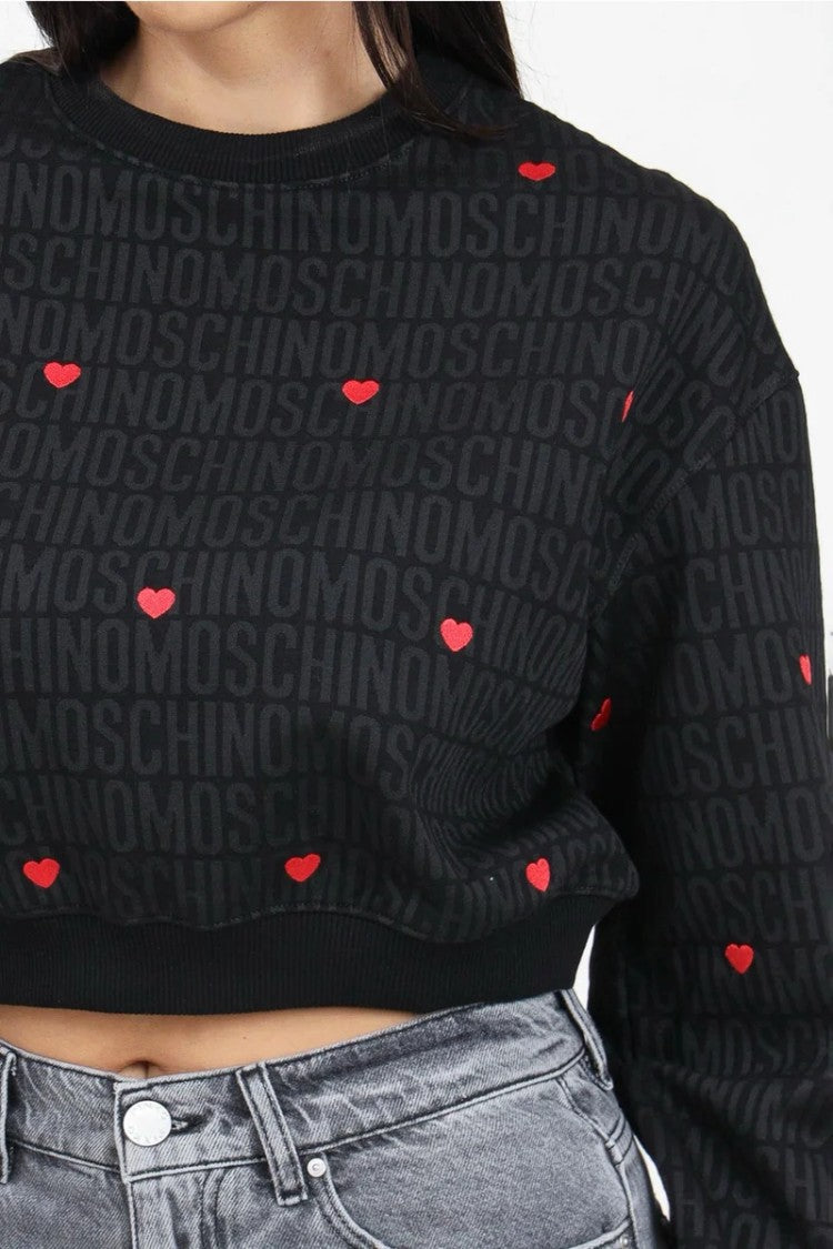 Moschino Couture Cropped Black Sweatshirt With Tonal Logo