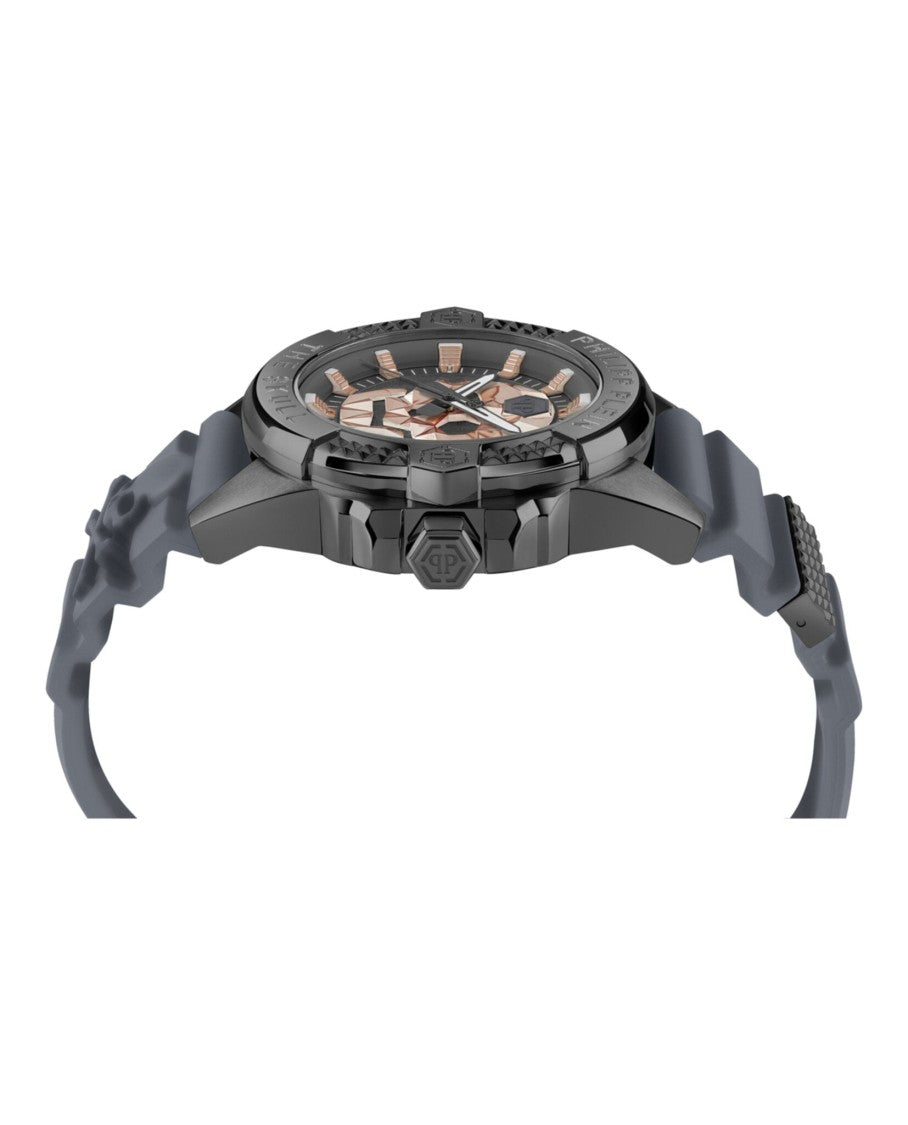 Philipp Plein 44Mm Gunmetal Skull Design Watch With Grey Silicone Strap