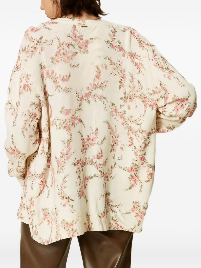 Twin-Set Cream Floral V-Neck Long-Sleeve Blouse