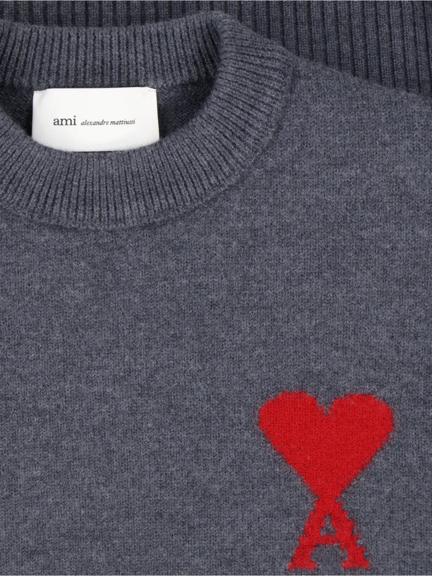 Ami Paris Relaxed Fit Grey Wool Sweater With Contrast Heart Logo