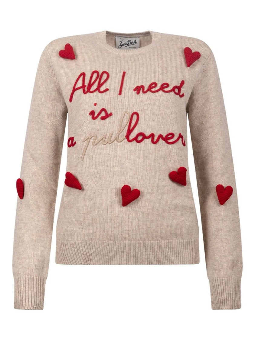 Mc2 Saint Barth Beige Sweater With Heart Appliqués And Embroidered Text