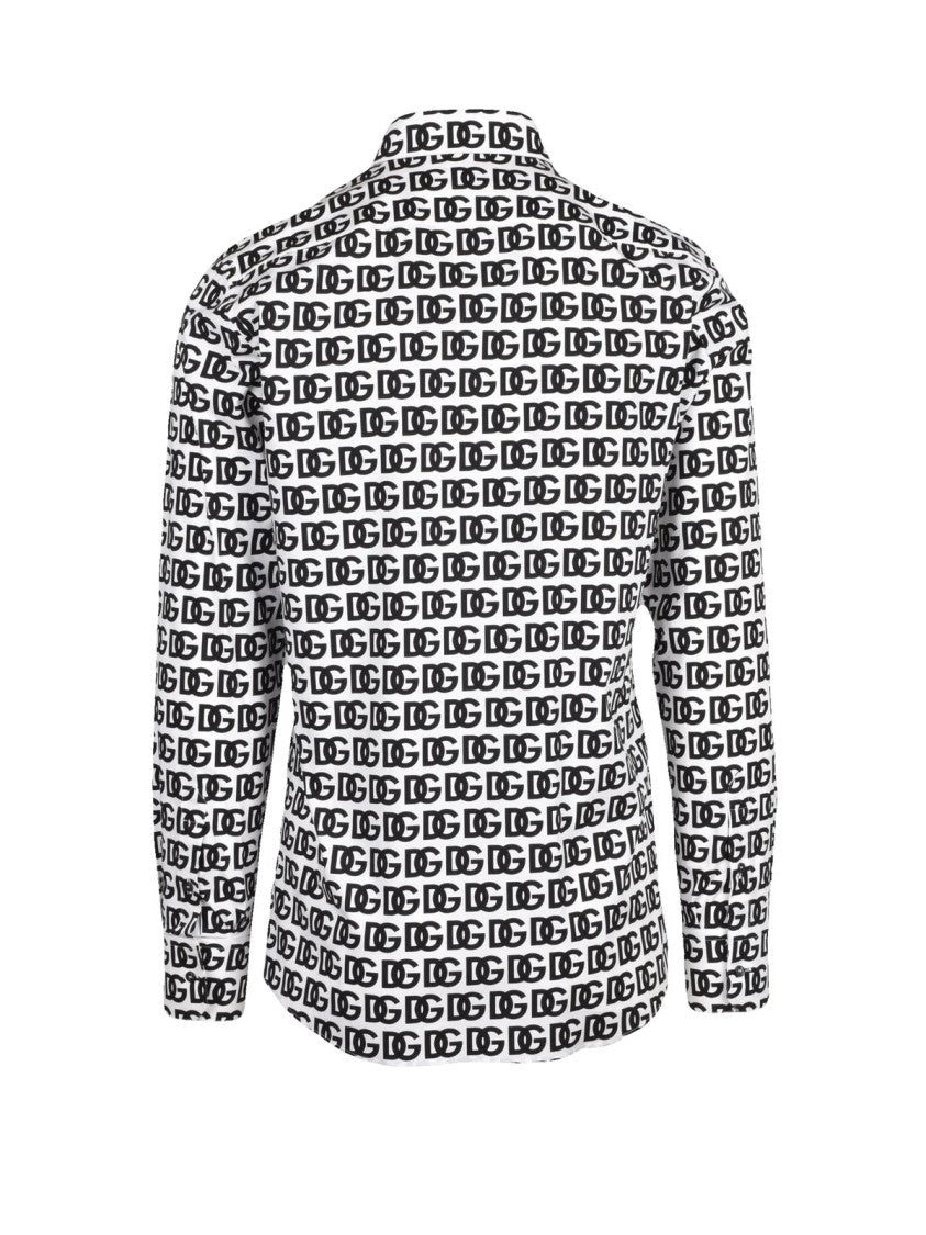 Dolce & Gabbana White/Black Logo Print Stretch Cotton Shirt