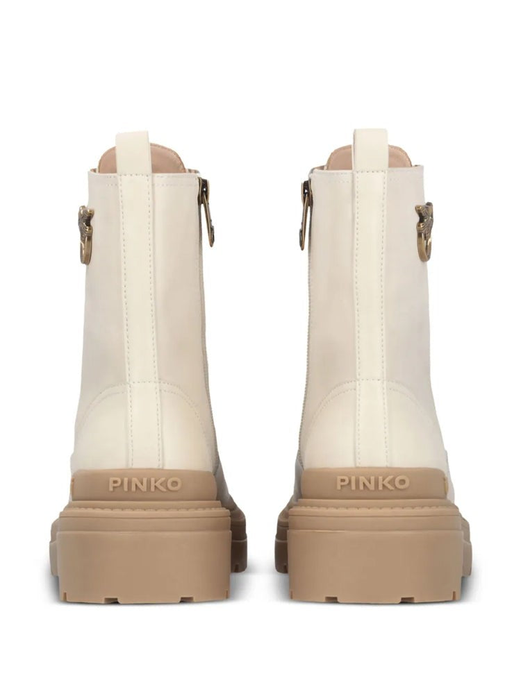 Pinko Beige Mia 11 Chunky Sole Emblem Leather Ankle Boots