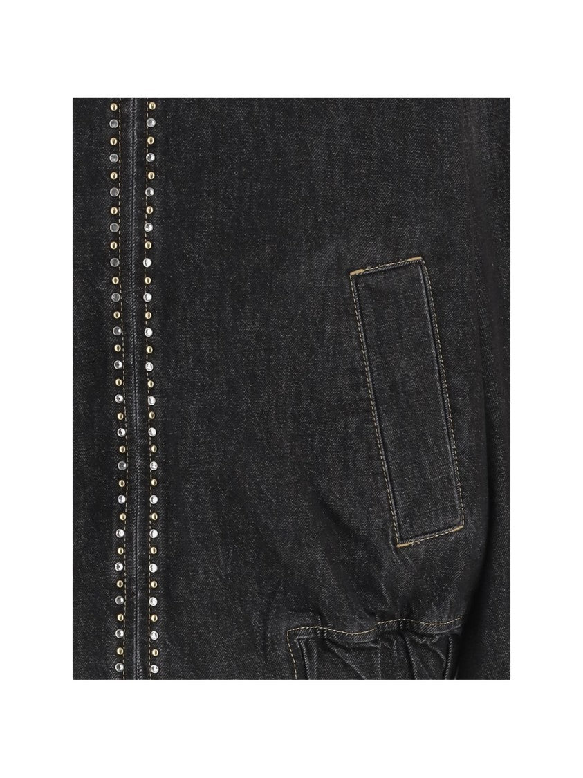 Versace Studded Black Cotton Jacket With Zip Closure