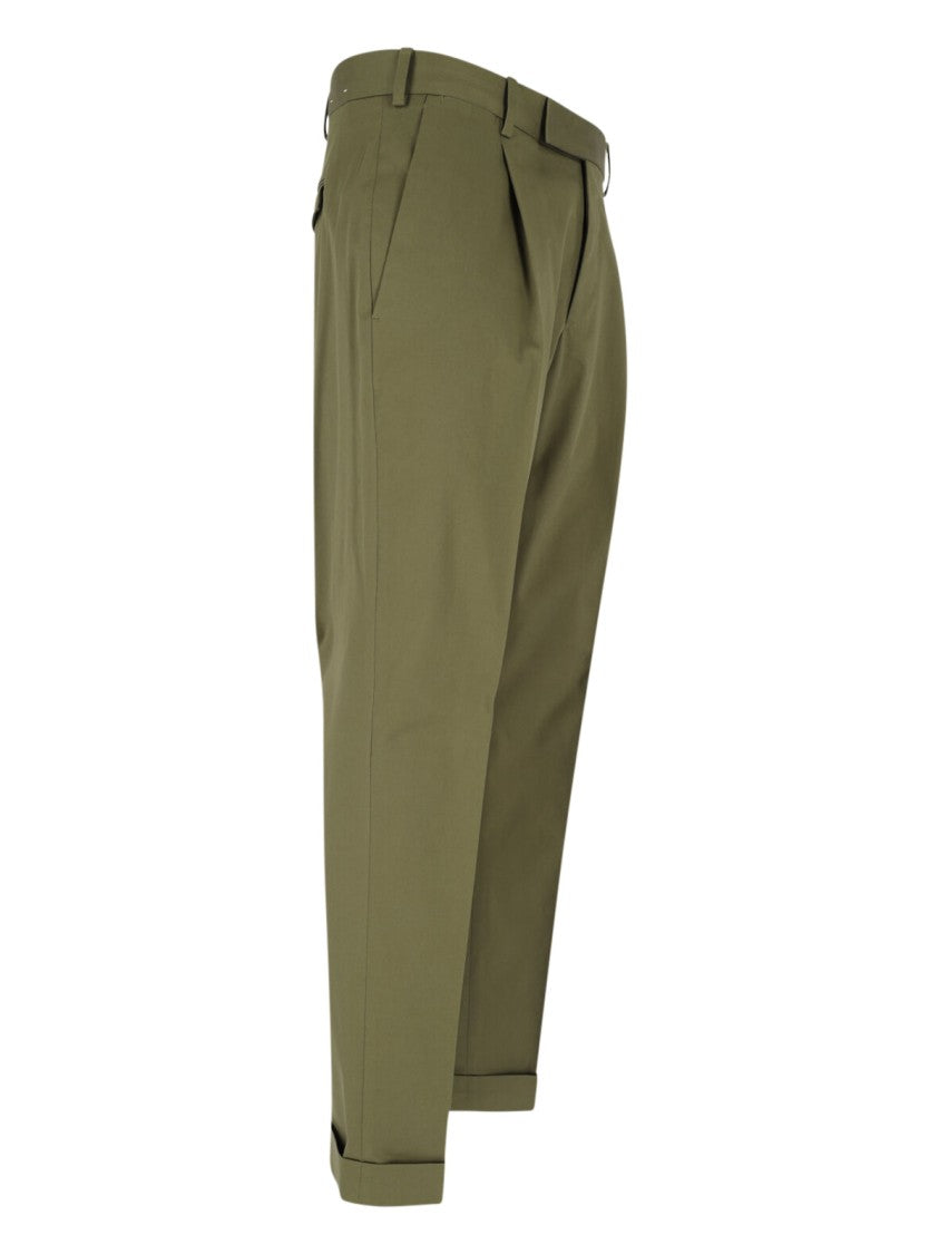 Pt Torino Green Cotton Chinos With Pleats And Cuffed Hem